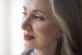 Thoughtful senior grey haired woman looking away in deep thought Royalty Free Stock Photo