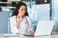 Thoughtful and serious female doctor working in office of modern clinic, wearing white medical coat, doctor using laptop Royalty Free Stock Photo