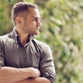 Thoughtful serious man outdoors portrait
