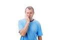 Thoughtful stressed Middle aged man biting his finger nails, nervous gesture, isolated on white background. Anxious business