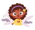 Thoughtful surprised cute black ethnic girl. Vector illustration in cartoon style. Female beautiful character child for