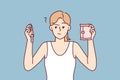 Thoughtful woman holding tampon and pad choosing what to use during menstruation. Vector image