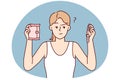 Thoughtful woman holding tampon and pad choosing what to use during menstruation. Vector image Royalty Free Stock Photo