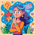 Thoughtful woman with a question mark, puzzle piece, and a notebook Royalty Free Stock Photo