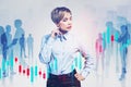Thoughtful woman trader and team in city, graph Royalty Free Stock Photo