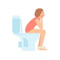 Thoughtful young woman or girl sitting on toilet and pooping isolated on white background. Female flat cartoon character