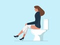 Thoughtful young woman pissing or pooping in WC. Girl sitting on toilet bowl in lavatory. Beautiful female person Royalty Free Stock Photo