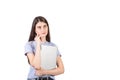 Thoughtful young woman student holding her laptop to chest, looking up pensive with hand to cheek isolated on white background Royalty Free Stock Photo