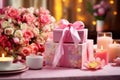 Thoughtfully arranged boxes containing presents, accompanied by flowers and candles, creating a romantic atmosphere