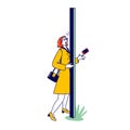 Thoughtless Female Character Bump into Pole on Street while using Smartphone. Human Carelessness Royalty Free Stock Photo