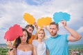 Thoughts of different sex. Bearded man and girl with speech bubbles. Diversity concept. Diversity issues. Having own Royalty Free Stock Photo