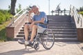 A disabled man in a wheel chair outdoors looking thoughtful Royalty Free Stock Photo