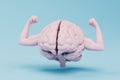 thoughts about sports. brain with muscles on the hands on a blue background. 3D render