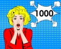 Thousand followers online social media achievement. Surprised girl. pop art style