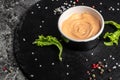 Thousand Islands sauce, American cuisine, dip for burgers and meat. on a dark background, Food recipe background. Close up Royalty Free Stock Photo