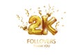 2 thousand. Thank you, followers. 3D vector illustration for blog or post design. 2K gold sign made of foil balloons with confetti