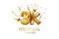 3 thousand. Thank you, followers. 3D vector illustration for blog or post design. 3K gold sign made of foil gold balls with