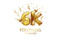 6 thousand. Thank you, followers. 3D vector illustration for blog or post design. 6K gold sign made of foil gold balls with