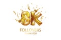 8 thousand. Thank you, followers. 3D vector illustration for blog or post design. 8K gold sign made of foil gold balls with