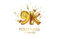 9 thousand. Thank you, followers. 3D vector illustration for blog or post design. 9K gold sign made of foil gold balls with