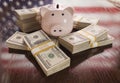 Thousands of Dollars, Piggy Bank, American Flag Reflection on Ta