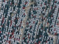 Thousands of new passenger cars are parked in a giant parking lot on the territory of the plant, aerial view Royalty Free Stock Photo