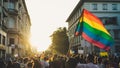 Thousands of people gathered to celebrate begining of LGBT Honor week. Participants wave rainbow flag and celebrate in the annual