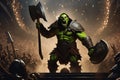 A thrall orc gladiator in a crowded coliseum screaming with an ax in hand, AI generated Royalty Free Stock Photo