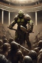 A thrall orc gladiator in a crowded coliseum screaming with an ax in hand, AI generated Royalty Free Stock Photo