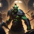 A thrall orc gladiator in a crowded coliseum screaming with an ax in hand, AI generated Royalty Free Stock Photo