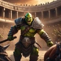 A thrall orc gladiator in a crowded coliseum screaming with an ax in hand, AI generated Royalty Free Stock Photo