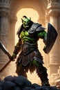 A thrall orc gladiator in a crowded coliseum screaming with an ax in hand, AI generated