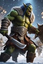 A thrall orc gladiator in a crowded coliseum screaming with an ax in hand, AI generated Royalty Free Stock Photo