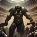 A thrall orc gladiator in a crowded coliseum screaming with an ax in hand, AI generated Royalty Free Stock Photo