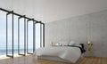 The interiors design idea of minimal bedroom and concrete wall and sea view