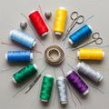 Thread are arranged in a circular pattern on a textured fabric Royalty Free Stock Photo