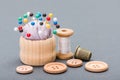 Thread, buttons, thimble and pincushion