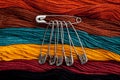 Thread of different colors and a set of safety pins on top of them Royalty Free Stock Photo