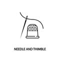 Thread in a needle and thimble line flat icon. Logo for sewing workshops.