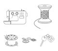 Thread reel, sewing machine, bobbin, pugwitz and other equipment. Sewing and equipment set collection icons in outline Royalty Free Stock Photo