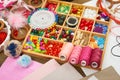 Thread and sewing accessories top view, seamstress workplace, many object for needlework, embroidery, handmade and handicraft
