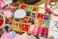 Thread and sewing accessories top view, seamstress workplace, many object for needlework, embroidery, handmade and handicraft