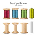 Thread Spool Set. Bright Plastic And Wooden Bobbin. Isolated On White Background For Needlework And Needlecraft. Stock Royalty Free Stock Photo