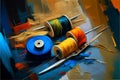 Thread spools illustration acryl painting. AI generated