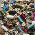 Thread and various buttons are scattered on a textured fabric Royalty Free Stock Photo