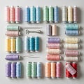 Of thread in various pastel shades are neatly arranged in rows on a Royalty Free Stock Photo