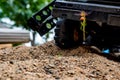 Thread-waisted wasp preparing to bury a stunned katydid in a sandbox Royalty Free Stock Photo