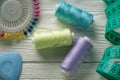 Threads colored and needle reel all for sewing Royalty Free Stock Photo