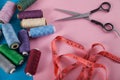 Threads  scissors and mesure tape. Royalty Free Stock Photo