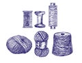 Threads for sewing for cross stitching and knitting. Wool knitwear yarn thread knitting weaving wool vector sketch Royalty Free Stock Photo